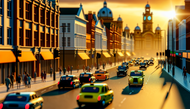 alt_text: A vibrant Birmingham street filled with taxis, diverse people, and iconic architecture at sunset.