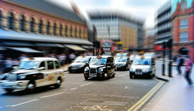 alt_text: A bustling Birmingham street featuring a traditional black taxi, iconic landmarks, and lively urban life.