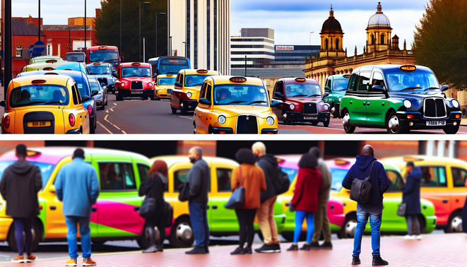 alt_text: A vibrant Birmingham scene with colorful taxis, iconic landmarks, and diverse passengers in motion.