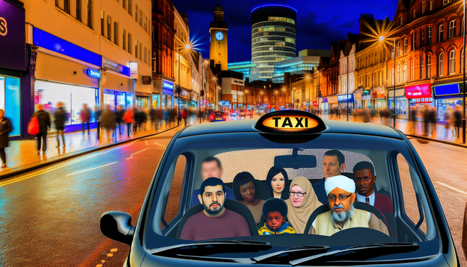 alt_text: Vibrant Birmingham street at night with a taxi, iconic landmarks, and diverse passengers.