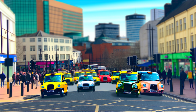 alt_text: "Vibrant Birmingham taxi scene with landmarks, diverse taxis, and bustling city life under clear skies."