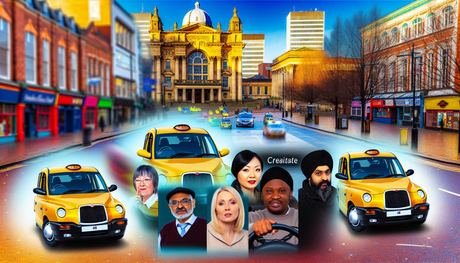 alt_text: A vibrant Birmingham taxi scene with diverse drivers and landmarks, capturing city life and accessibility.
