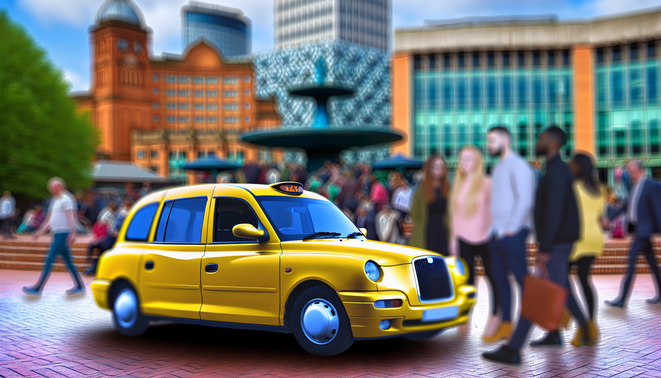 alt_text: A vibrant Birmingham taxi scene with a yellow cab, landmarks, and lively urban interactions.