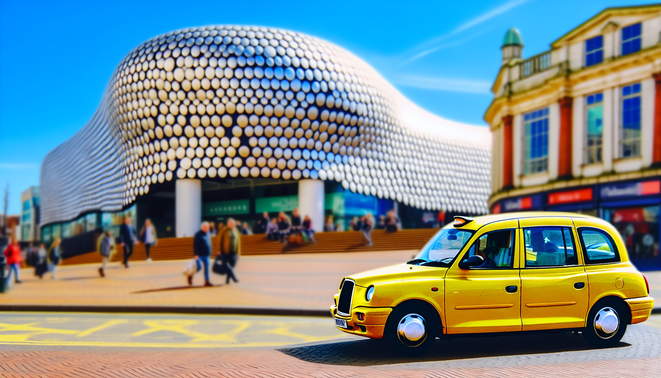 alt_text: "A vibrant yellow taxi picks up passengers near Birmingham's iconic Bullring, showcasing urban life."