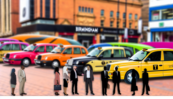 alt_text: A vibrant Birmingham street scene with diverse taxis, landmarks, and multicultural passengers.