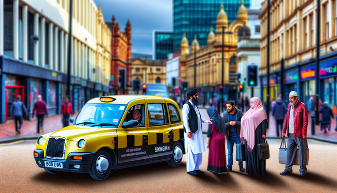 alt_text: A vibrant Birmingham street with a modern taxi, landmarks, and diverse passengers interacting.