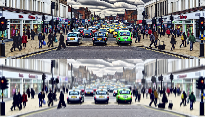 alt_text: A busy Birmingham street with diverse taxis, landmarks, and pedestrians under a cloudy sky.