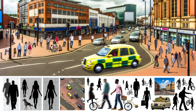 alt_text: A vibrant Birmingham street scene with a modern taxi, iconic landmarks, and diverse city life.