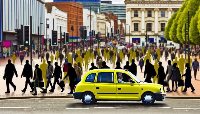 alt_text: A vibrant Birmingham city scene with a yellow taxi, bustling pedestrians, and iconic landmarks.