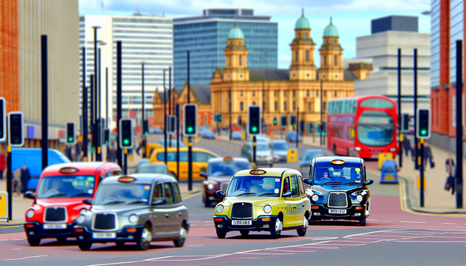 alt_text: A vibrant Birmingham street scene with diverse taxis and landmarks, showcasing convenience and community.