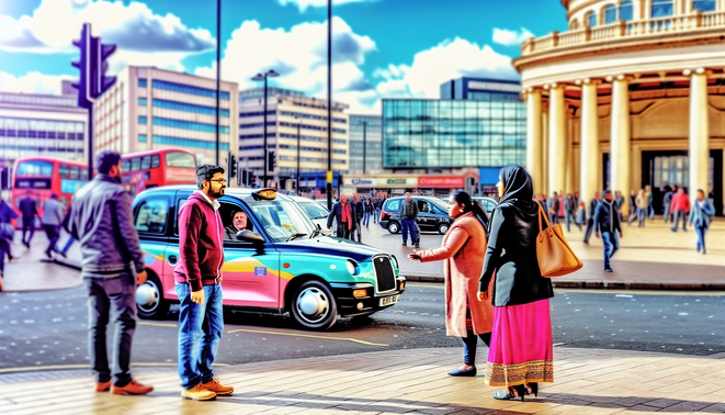 alt_text: A vibrant Birmingham taxi scene with landmarks, diverse people, and urban energy under clear skies.