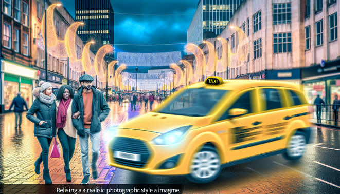 alt_text: A vibrant Birmingham street scene with a yellow taxi, diverse passengers, and iconic landmarks.