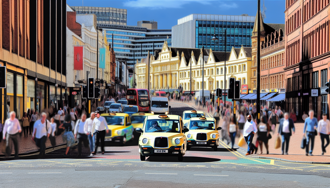 alt_text: A vibrant Birmingham street scene with taxis, iconic buildings, diverse pedestrians, and blue sky.