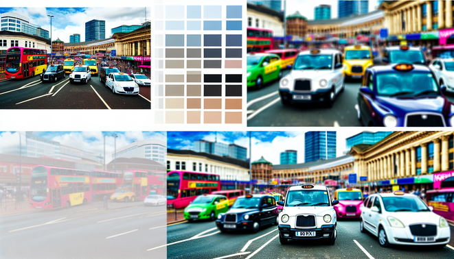 alt_text: A vibrant Birmingham taxi scene with iconic landmarks, diverse cabs, and active city life.