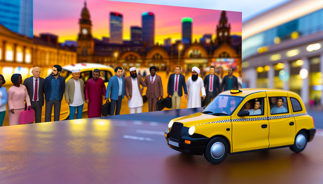 alt_text: "Birmingham's vibrant taxi scene with diverse passengers against iconic architecture and a sunset."