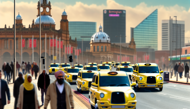 alt_text: A vibrant Birmingham scene with taxis, landmarks, and city life, showcasing taxi service energy.